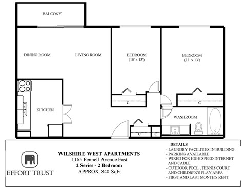 A floor plan of an apartment with a laundry facility in the building.
